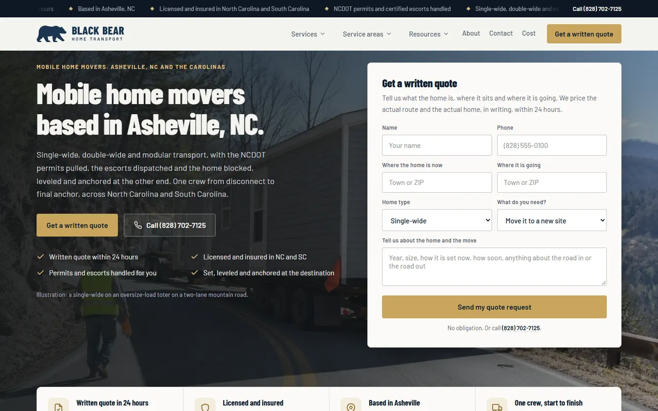 Black Bear Home Transport website, desktop