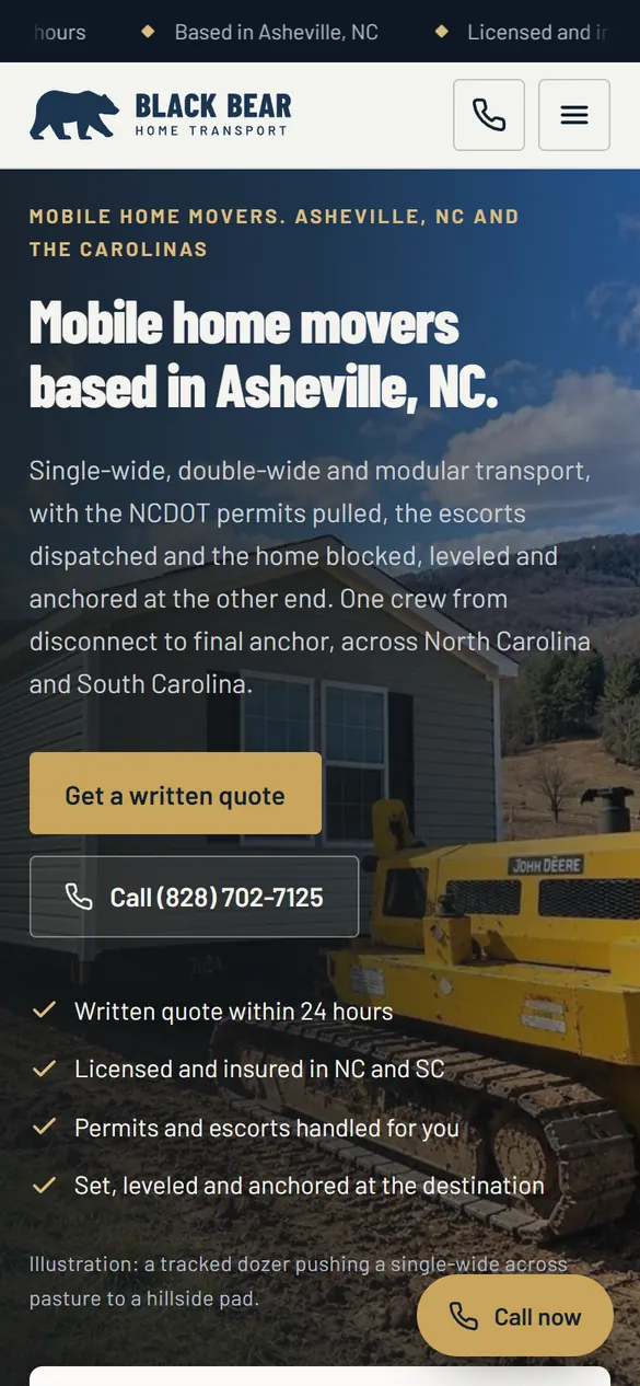 Black Bear Home Transport homepage on a phone