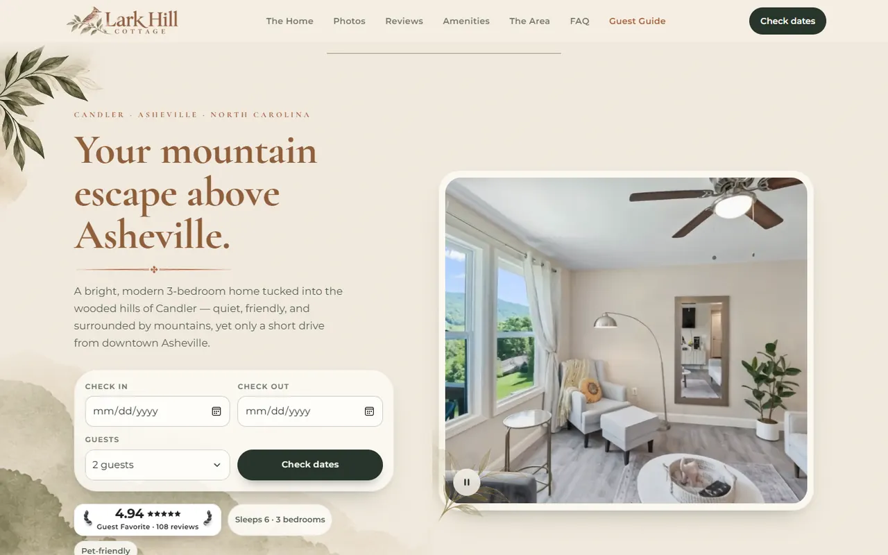 Lark Hill Cottage website, desktop