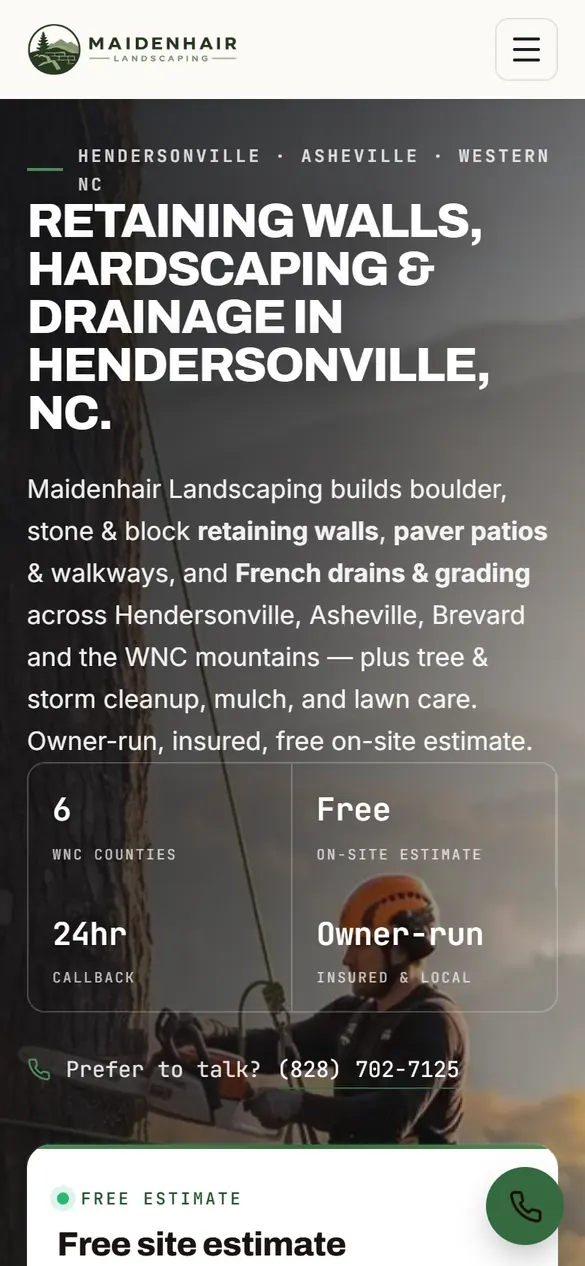 Maidenhair Landscaping homepage on a phone
