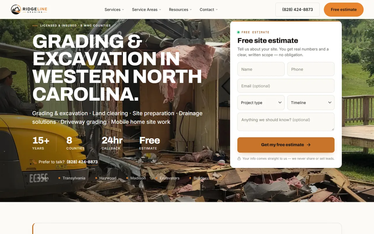 Ridgeline Grading website, desktop