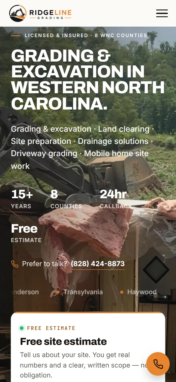Ridgeline Grading homepage on a phone