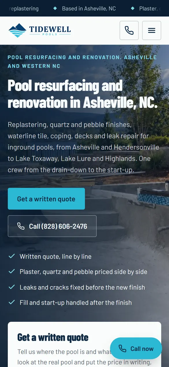 Tidewell Pools homepage on a phone