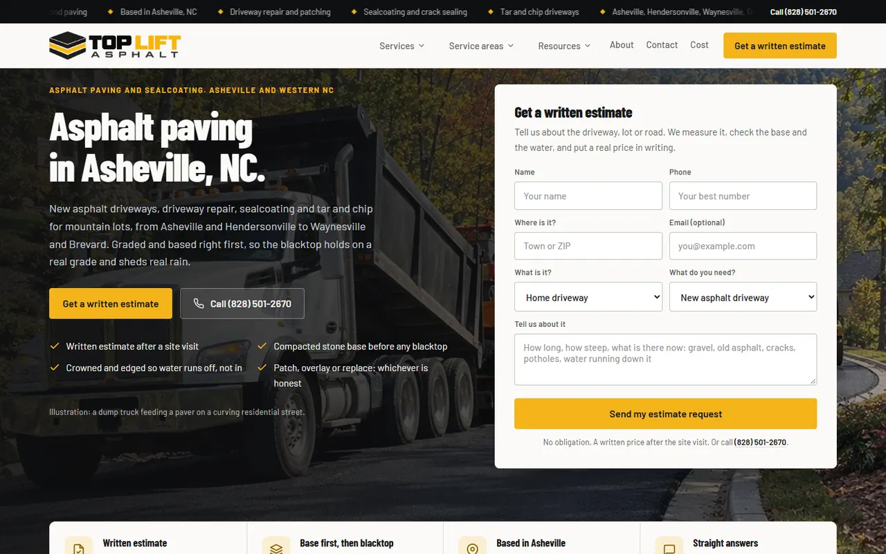 Top Lift Asphalt website, desktop