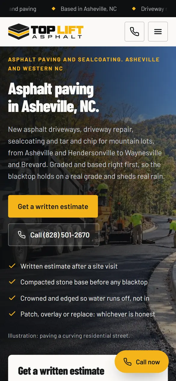 Top Lift Asphalt homepage on a phone